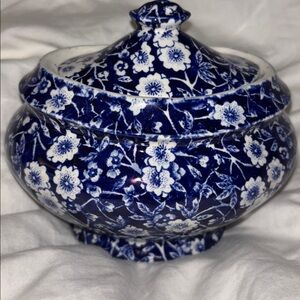 Vtg Royal Crownford Calico Blue & White Floral Ceramic Creamer Bowl w/ Lid